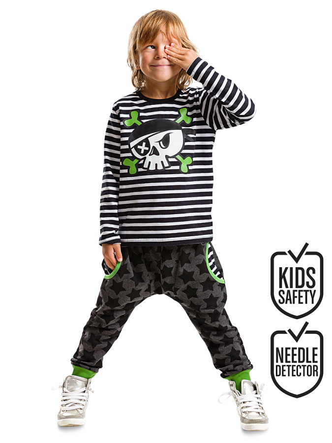 Korsan Kafa Çizgili Erkek Çocuk Kışlık T-shirt Pantolon Takım - 1