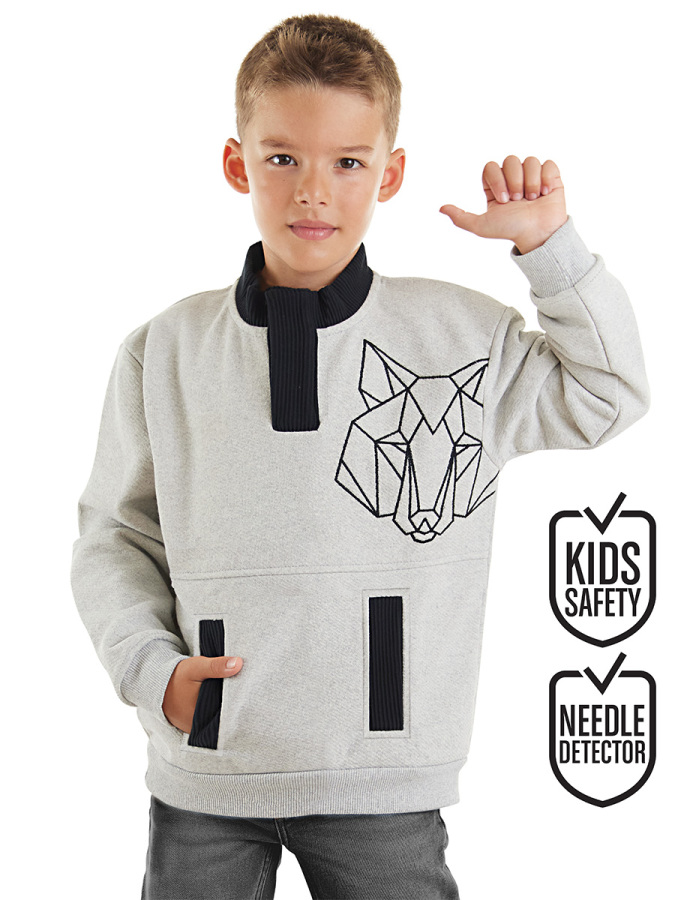 Kurt Erkek Çocuk Gri Kanguru Cepli Sweatshirt - 1
