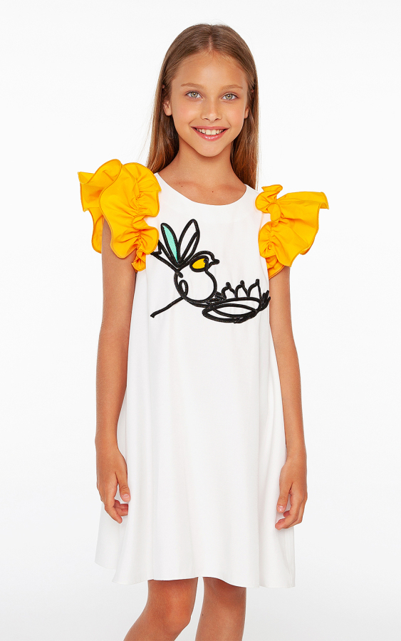 Kuş Aplike Detaylı Kız Çocuk Elbise - 2