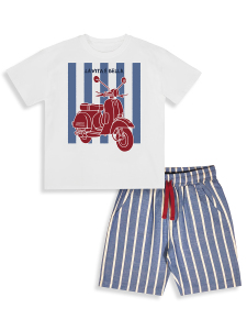 Erkek Çocuk Takım Motosiklet Baskılı %100 Pamuk T-Shirt Çizgili Dokuma Şort Yazlık Takım - 4