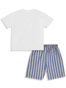 Erkek Çocuk Takım Motosiklet Baskılı %100 Pamuk T-Shirt Çizgili Dokuma Şort Yazlık Takım - 5