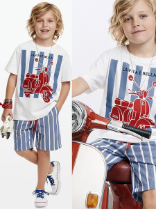 Erkek Çocuk Takım Motosiklet Baskılı %100 Pamuk T-Shirt Çizgili Dokuma Şort Yazlık Takım - Denokids