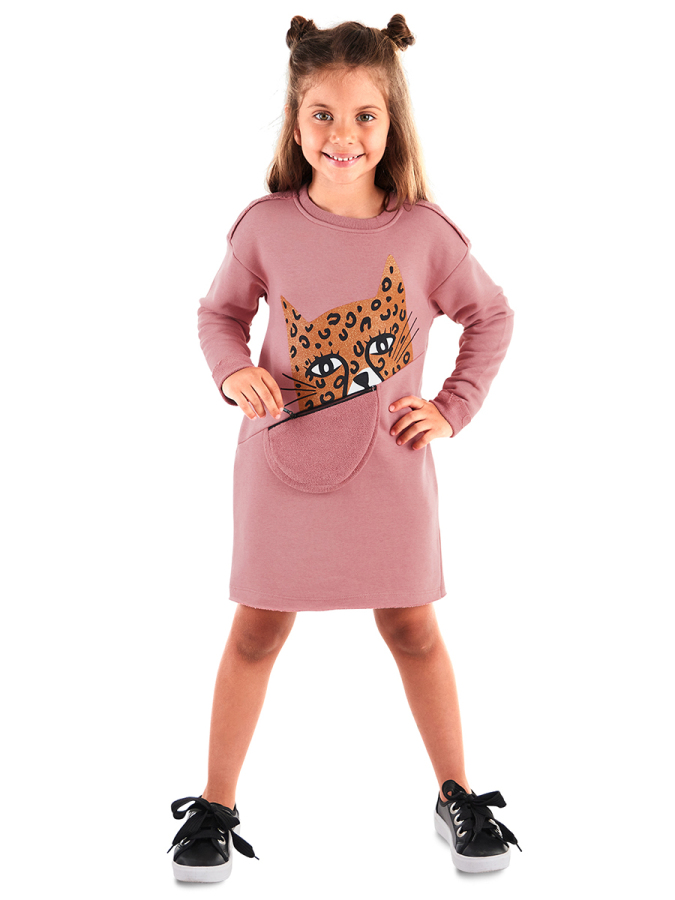 Pembe Leopar Cepli Uzun Kollu Kız Çocuk Elbise - 1