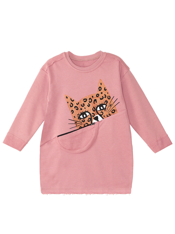 Pembe Leopar Cepli Uzun Kollu Kız Çocuk Elbise - 3