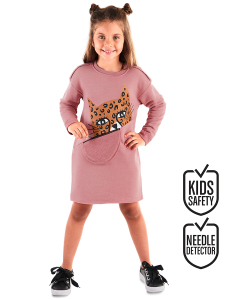 Pembe Leopar Cepli Uzun Kollu Kız Çocuk Elbise - 1