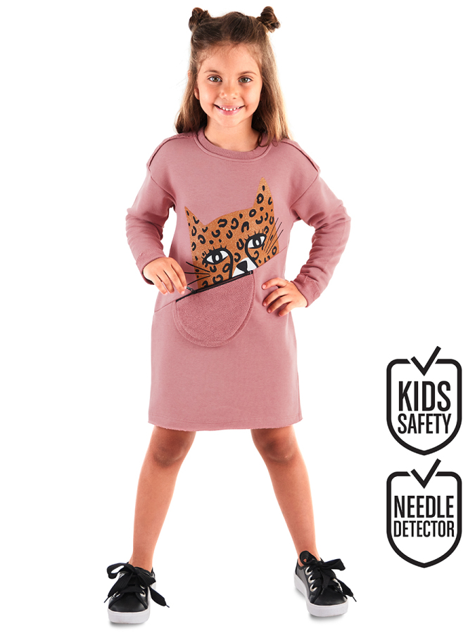 Pembe Leopar Cepli Uzun Kollu Kız Çocuk Elbise - 1