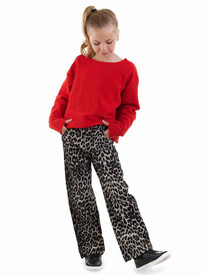 Leopar Desenli Kız Çocuk Gabardin Pantolon - 1