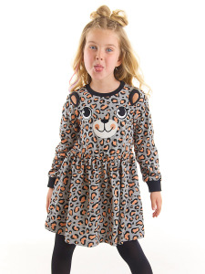 Leopar Desenli Gri Kız Çocuk Elbise - 2