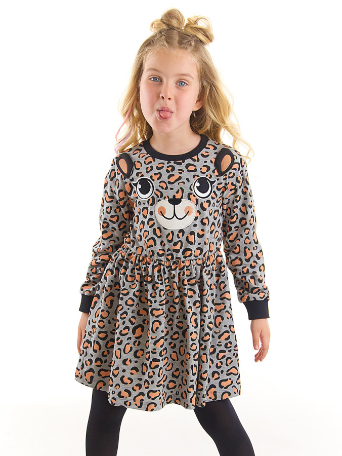 Leopar Desenli Gri Kız Çocuk Elbise - 2
