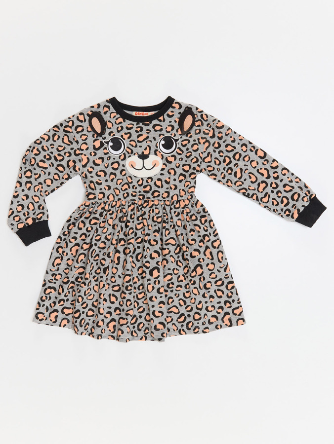 Leopar Desenli Gri Kız Çocuk Elbise - 4