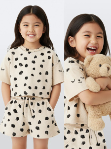 Kız Çocuk Takım Leopar Havlu Kumaş T-shirt Şort Takım Yazlık 4-9 Yaş - Denokids