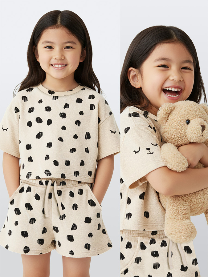 Kız Çocuk Takım Leopar Havlu Kumaş T-shirt Şort Takım Yazlık 4-9 Yaş - 1