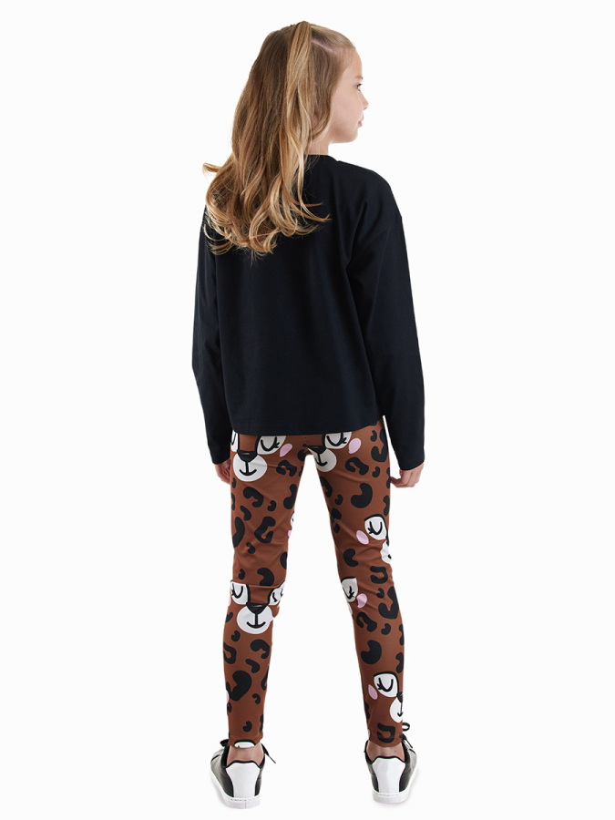 Kız Çocuk Kışlık Leopar Desenli Pamuklu Siyah Uzun Kollu Crop T-Shirt Tayt Takımı 5-10 Yaş - 2