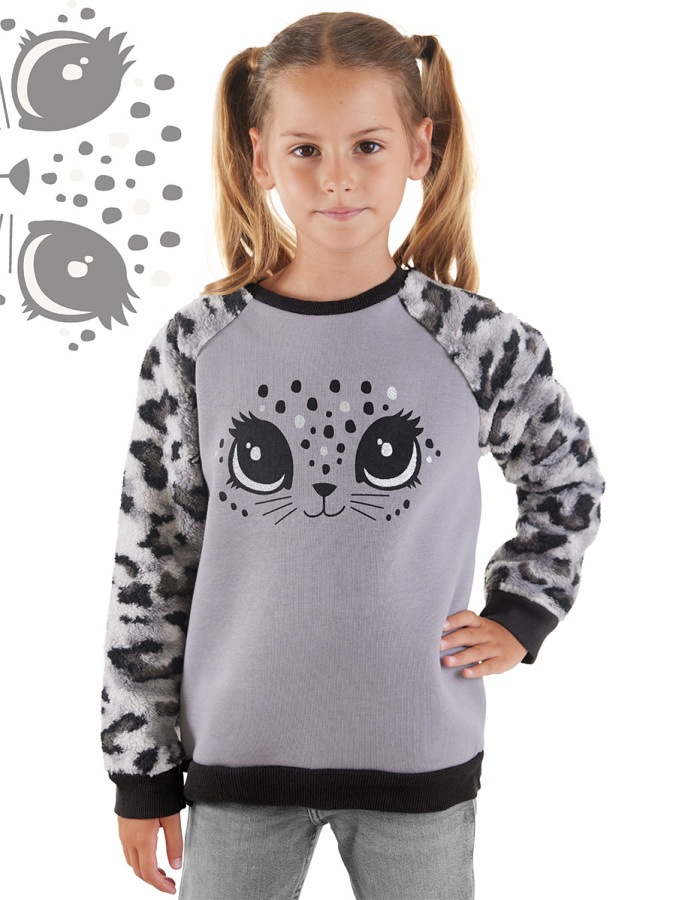 Leopar Peluş Kız Çocuk Sweatshirt - 1