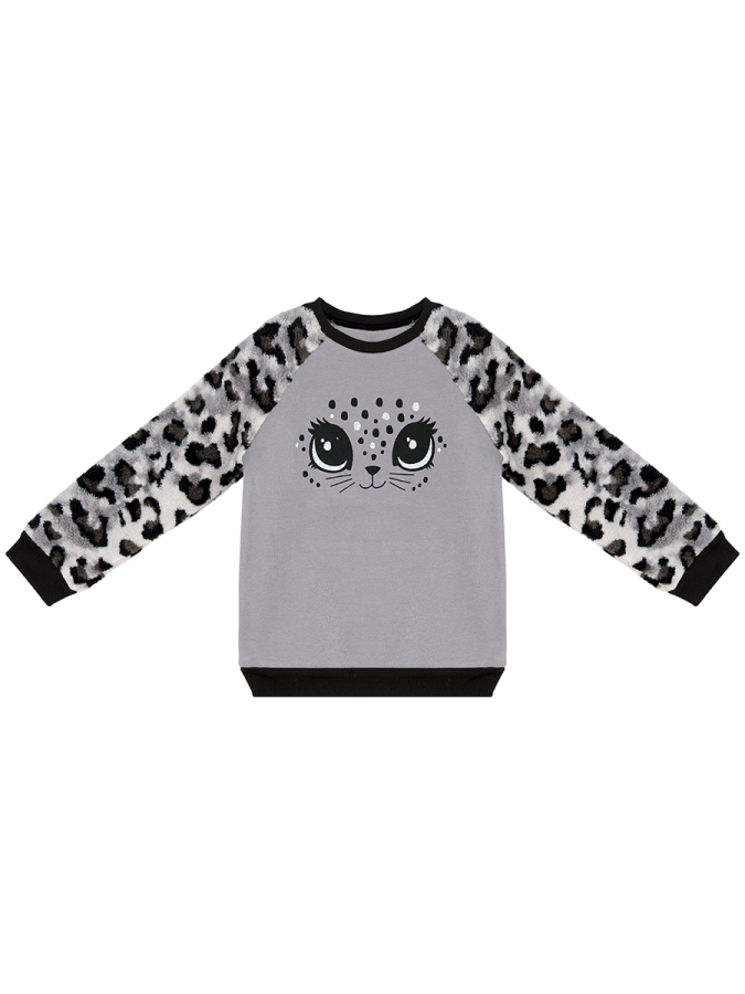 Kız Çocuk Kışlık Leopar Desenli Peluş Gri Uzun Kollu Sweatshirt 3-8 Yaş - 3