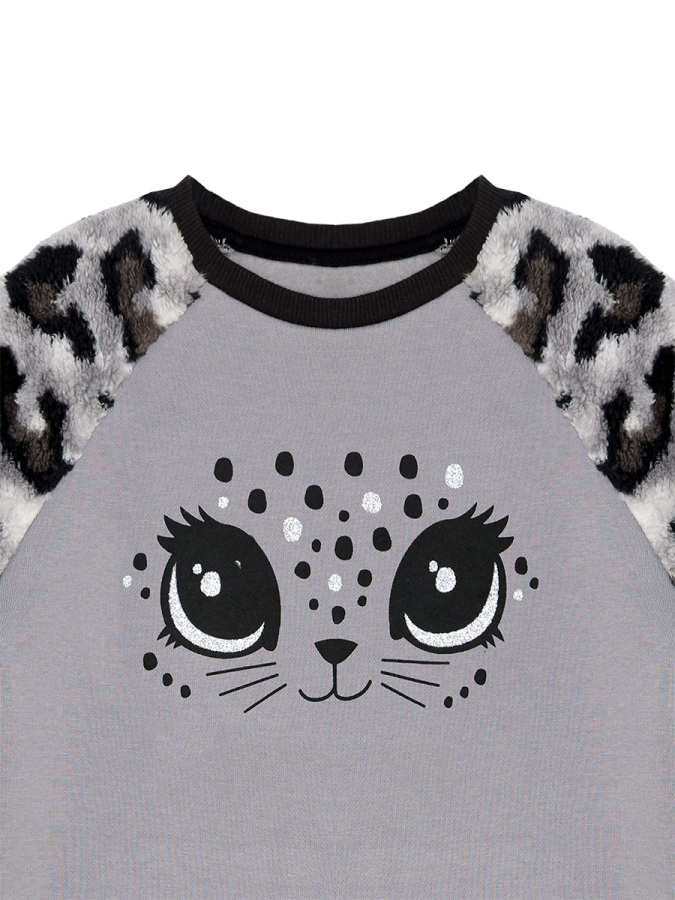Kız Çocuk Kışlık Leopar Desenli Peluş Gri Uzun Kollu Sweatshirt 3-8 Yaş - 5