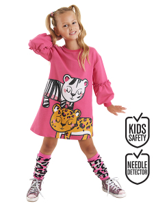 Leopar Zebra Kız Çocuk Pembe Balon Kollu Elbise - MSHB&G
