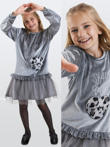 Leopard Grey Velvet Tulle Girl Dress - Denokids