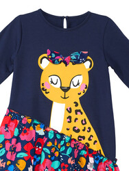 Leopard Navy Blue Girl Dress - Thumbnail
