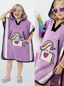 Kız Çocuk Plaj Havlusu Havlu Panço Kapüşonlu Unicorn Aplikeli Standart - Denokids