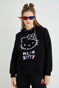 Lisanslı Baskılı 3D Kapüşonlu Kalın Sweatshirt - Hello Kitty