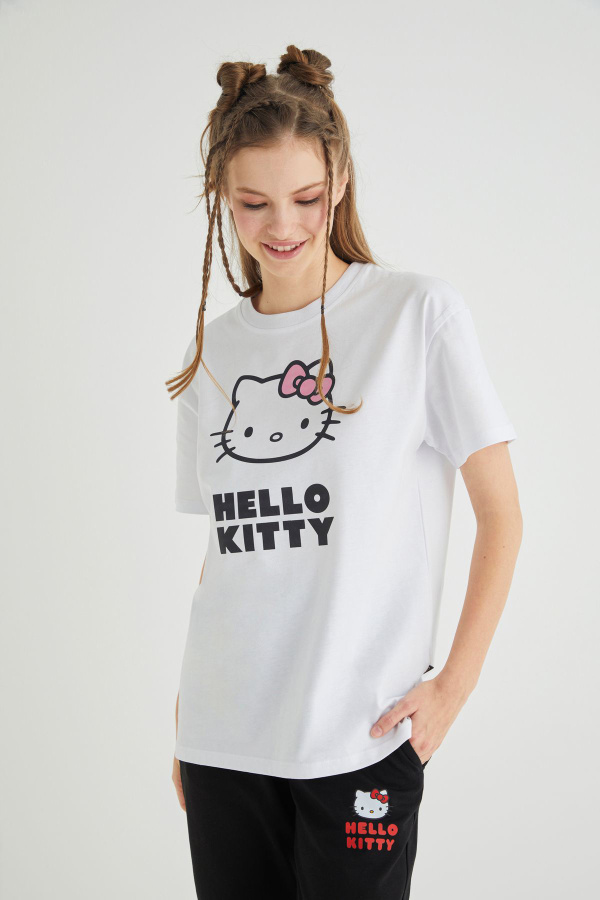 Lisanslı Baskılı Basic Beyaz T-shirt Kalıp Pamuk - 2