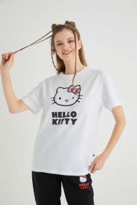 Lisanslı Baskılı Basic Beyaz T-shirt Kalıp Pamuk - Hello Kitty