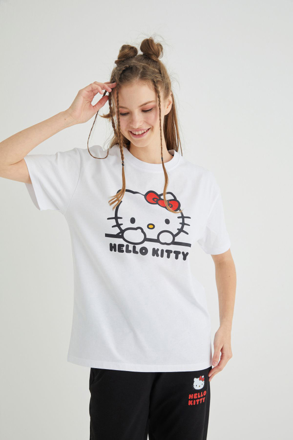 Lisanslı Baskılı Basic Beyaz T-shirt Relaxed - 2