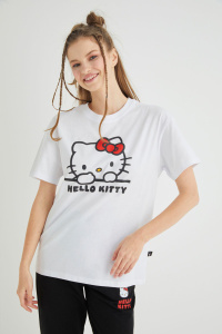 Lisanslı Baskılı Basic Beyaz T-shirt Relaxed - Hello Kitty