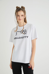 Lisanslı Baskılı Basic T-shirt Relaxed Kalıp Pamuk - Hello Kitty