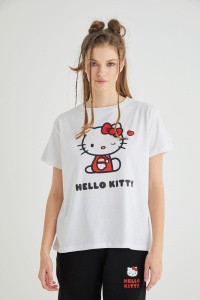 Lisanslı Baskılı Basic T-shirt Relaxed Pamuk - Hello Kitty