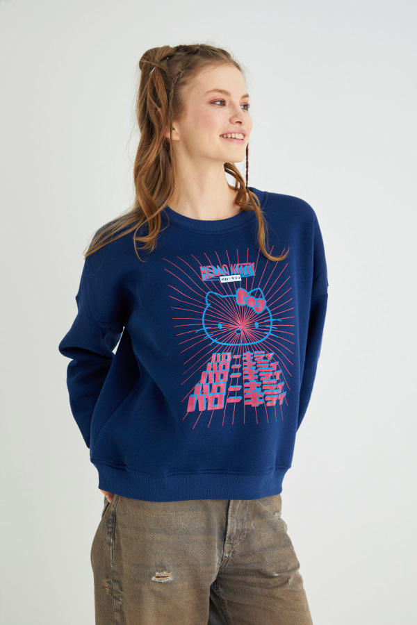 Lisanslı Baskılı Kalın Lacivert Sweatshirt - 1