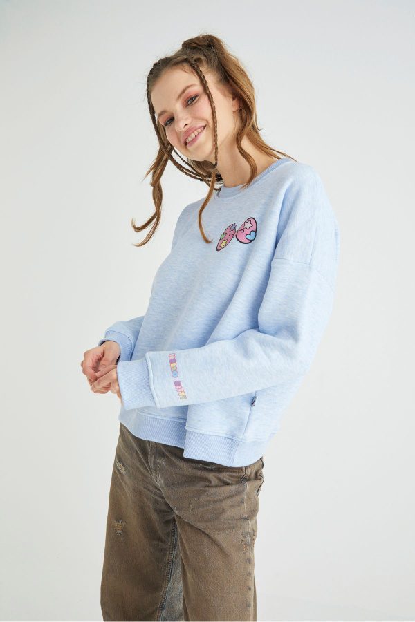 Lisanslı Baskılı Kalın Mavi Sweatshirt - 1