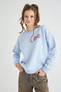 Lisanslı Baskılı Kalın Mavi Sweatshirt - Hello Kitty