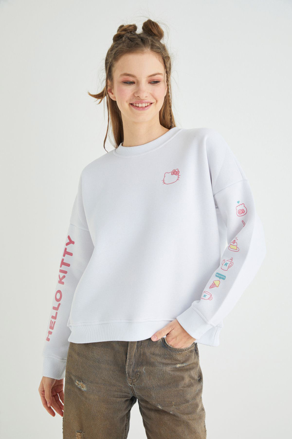 Lisanslı Baskılı Kalın Oversize Beyaz Sweatshirt - 1