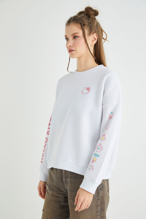 Lisanslı Baskılı Kalın Oversize Beyaz Sweatshirt - 3