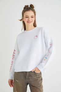 Lisanslı Baskılı Kalın Oversize Beyaz Sweatshirt - Hello Kitty