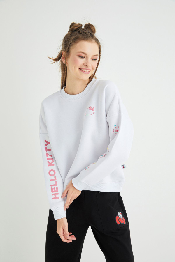 Lisanslı Baskılı Kalın Oversize Beyaz Sweatshirt - 4