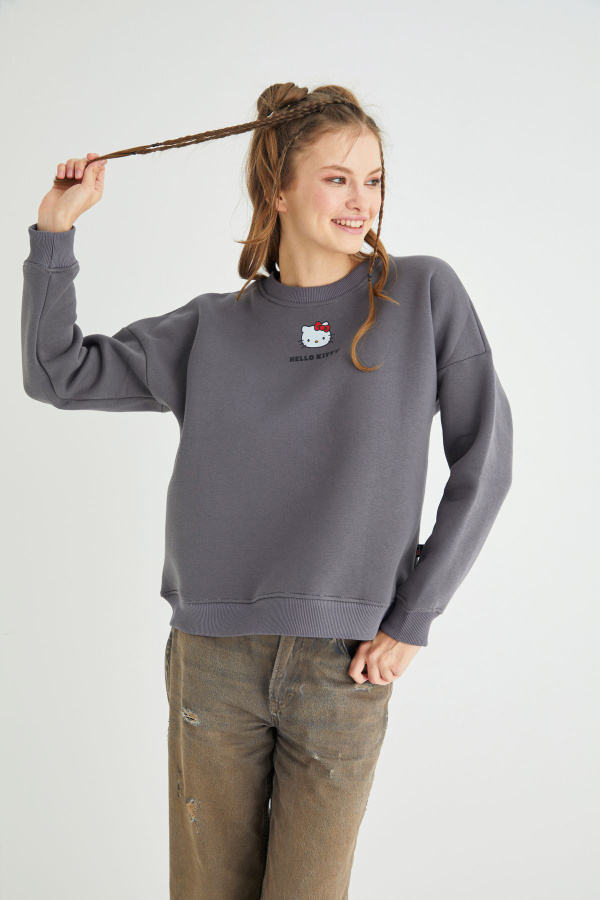Lisanslı Baskılı Kalın Oversize Fit Gri Sweatshirt - 1