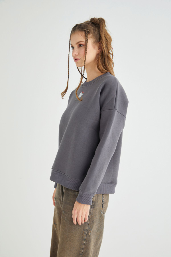 Lisanslı Baskılı Kalın Oversize Fit Gri Sweatshirt - 4