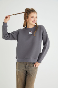 Lisanslı Baskılı Kalın Oversize Fit Gri Sweatshirt - Hello Kitty
