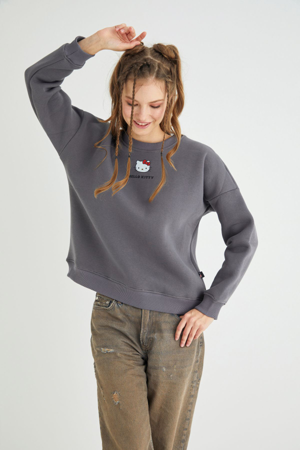 Lisanslı Baskılı Kalın Oversize Fit Gri Sweatshirt - 2