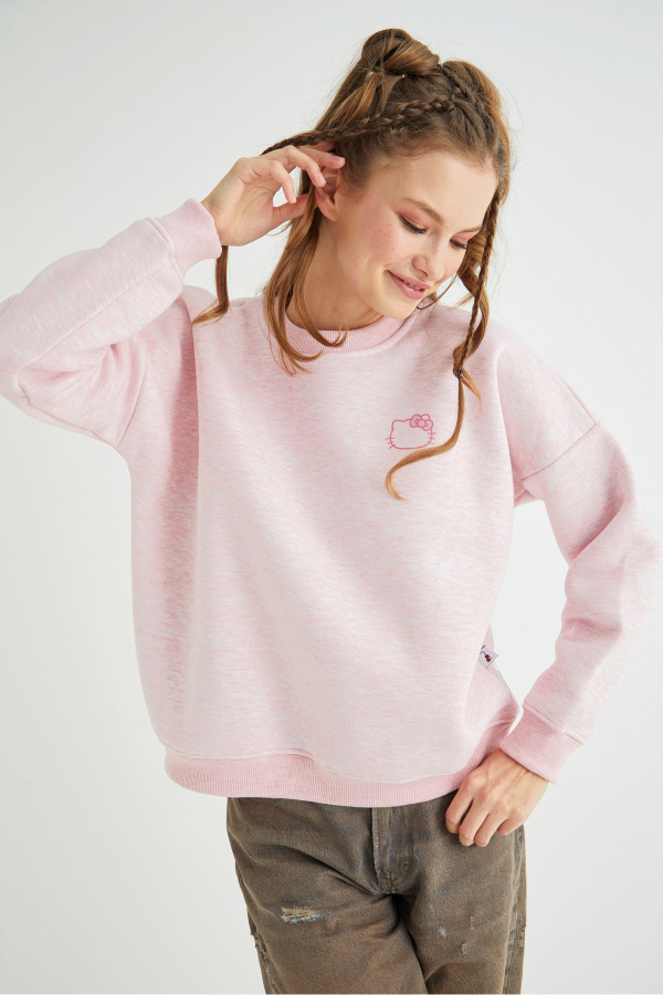 Lisanslı Baskılı Kalın Pembe Sweatshirt - 3