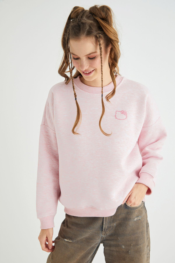 Lisanslı Baskılı Kalın Pembe Sweatshirt - 1
