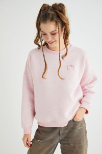 Lisanslı Baskılı Kalın Pembe Sweatshirt - Hello Kitty