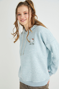 Lisanslı Baskılı Kapüşonlu Fit Yeşil Sweatshirt - Hello Kitty