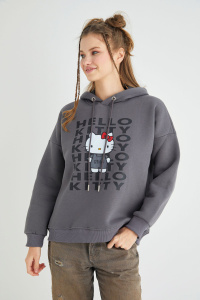 Lisanslı Baskılı Kapüşonlu Kalın Fit Sweatshirt - Hello Kitty