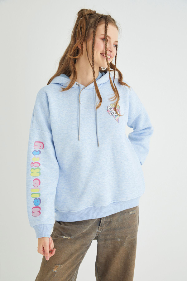 Lisanslı Baskılı Kapüşonlu Kalın Mavi Sweatshirt - 1