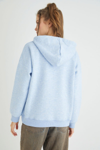 Lisanslı Baskılı Kapüşonlu Kalın Mavi Sweatshirt - 4