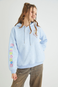 Lisanslı Baskılı Kapüşonlu Kalın Mavi Sweatshirt - Hello Kitty